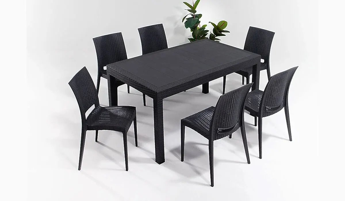 Rattan 90*150 Kolsuz Camsız Antrasit Masa Seti (6 kişilik) (Online'a Özel)